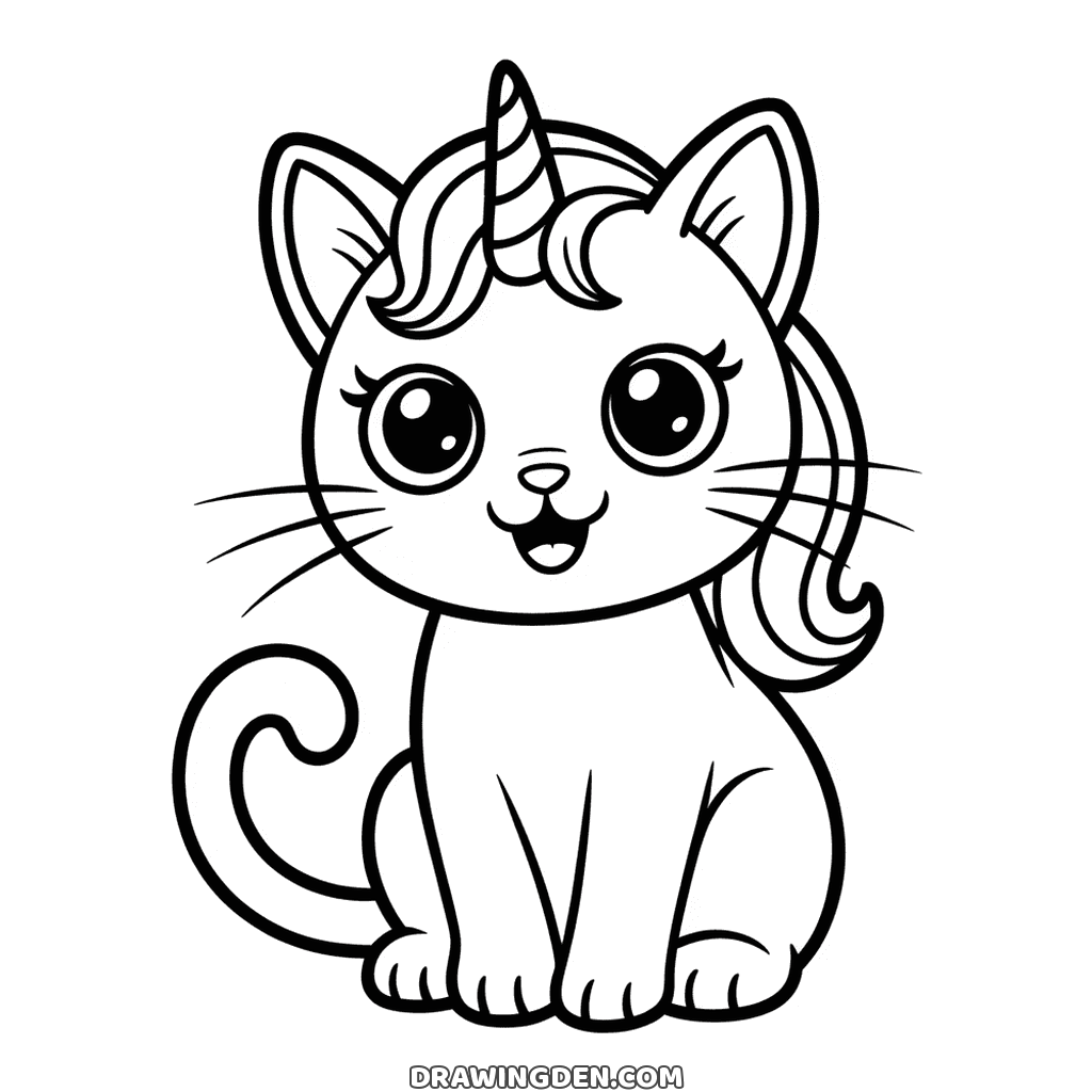 Chat licorne kawaii gratuit à imprimer, assis avec de longues moustaches et une corne en spirale