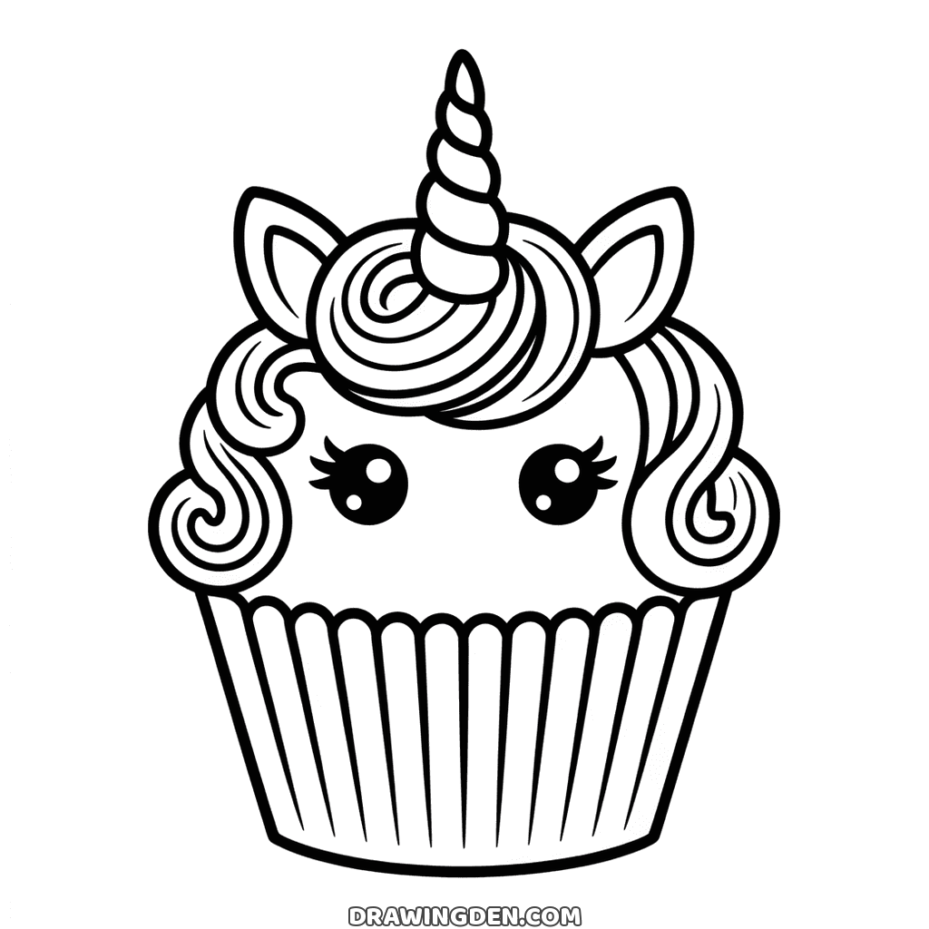 Unicorn cupcake with big open eyes and lashes, a spiral horn, ears and a curly frosting mane in a ribbed paper case