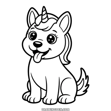 Puppy with a unicorn horn between its pointed ears and its tongue out, easy drawing to print