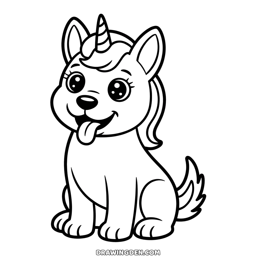Chiot licorne gratuit à imprimer, assis et tirant la langue en souriant
