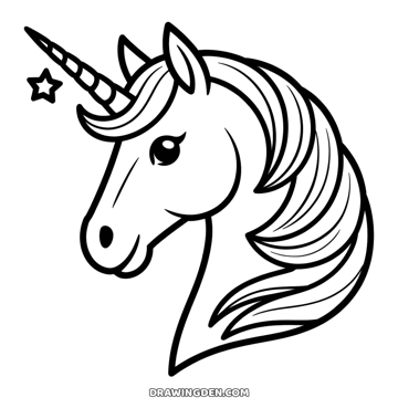 Unicorn head in profile with a long spiral horn, flowing mane and a small star beside it