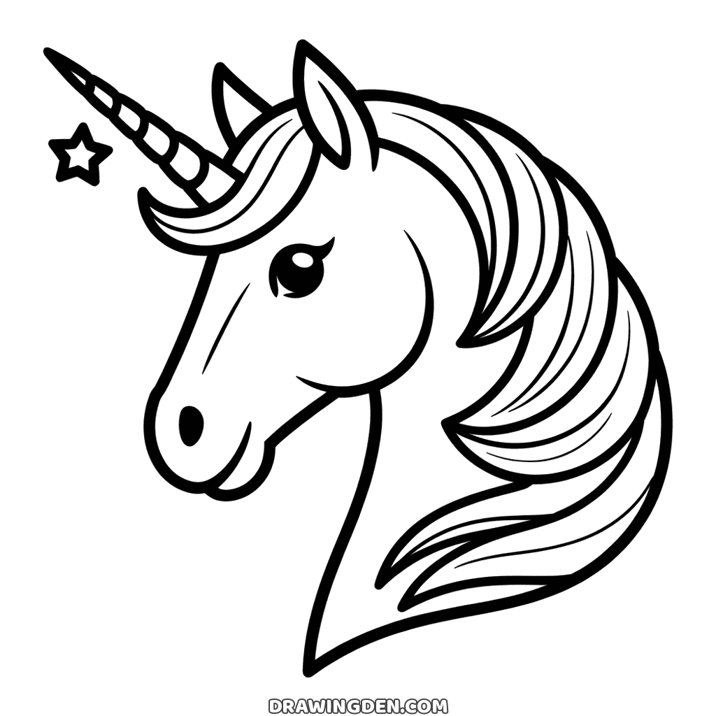 Unicorn head in profile with a long spiral horn, flowing mane and a small star beside it