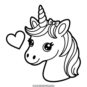 Cute unicorn head with big eyes, a bow on its mane and a spiral horn, a heart floating beside it