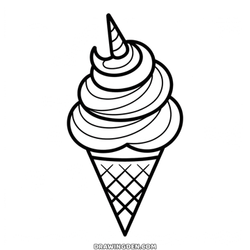 Unicorn ice cream cone with a waffle pattern, swirled scoop and a spiral horn on top