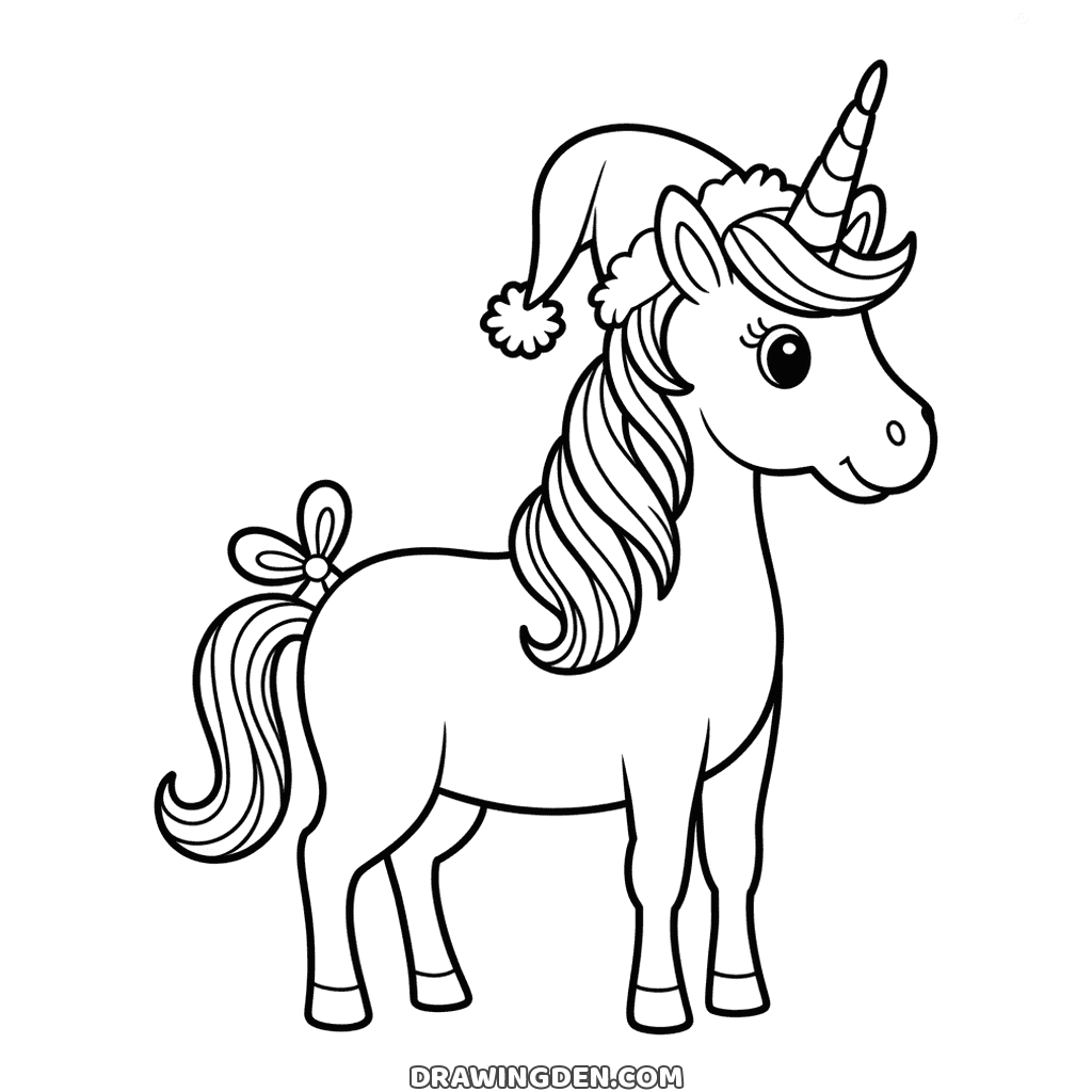 Christmas unicorn standing in a Santa hat with its horn poking through and a bow tied on its tail