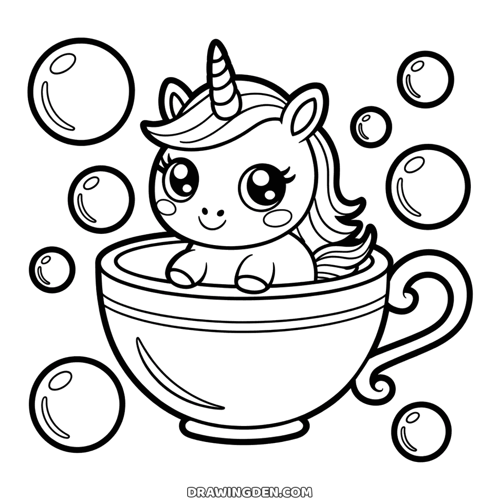 Tiny chibi unicorn sitting in a teacup with bubbles floating all around