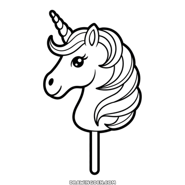 Unicorn head shaped lollipop on a stick with a horn and a flowing mane