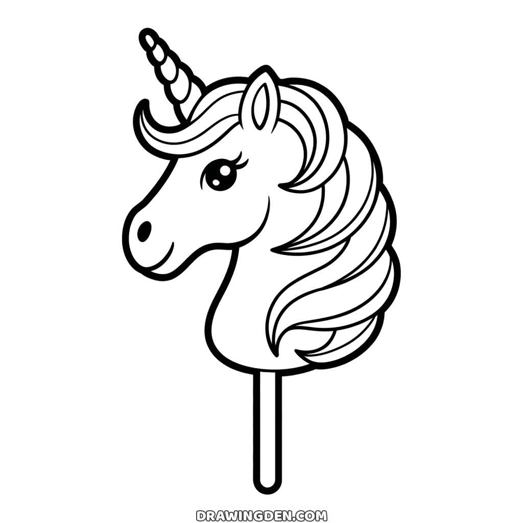Unicorn head shaped lollipop on a stick with a horn and a flowing mane