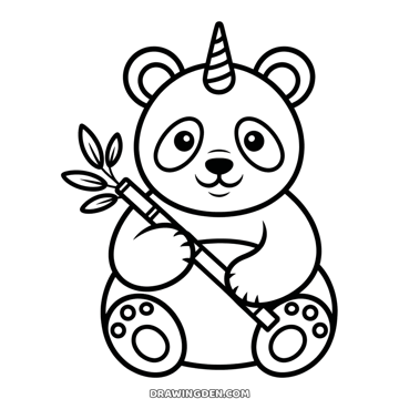 Panda with a unicorn horn sitting and holding a bamboo stalk