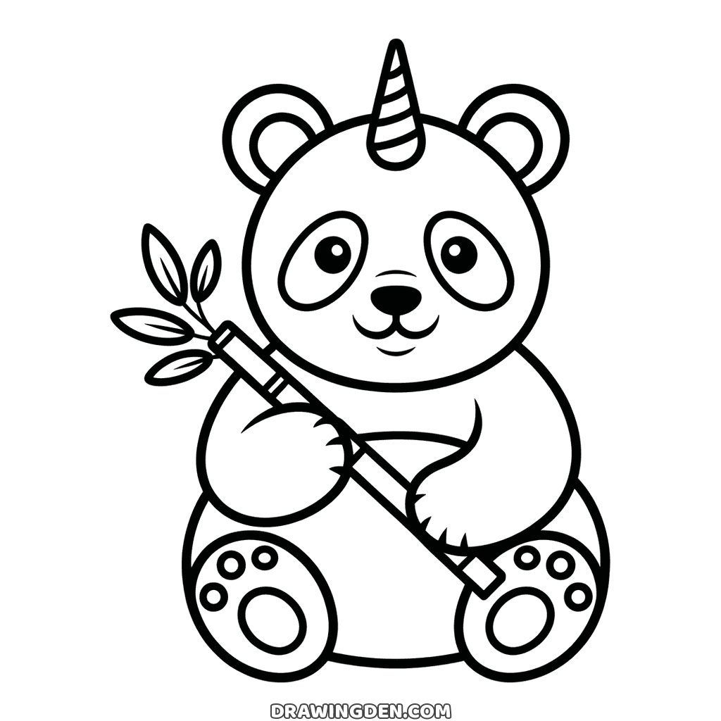 Panda with a unicorn horn sitting and holding a bamboo stalk