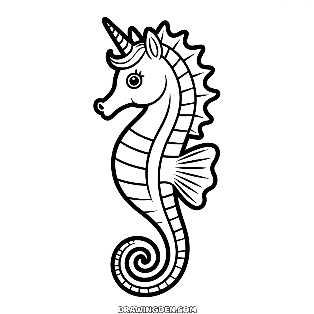 Unicorn seahorse with a spiral horn, a frilly fin and a tightly curled tail