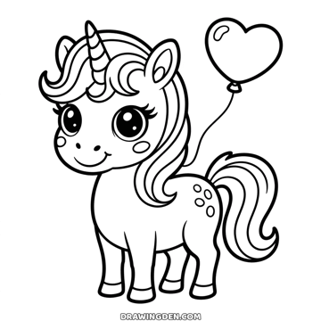 Chibi unicorn with sparkly eyes standing beside a heart shaped balloon, spotted body and curly mane