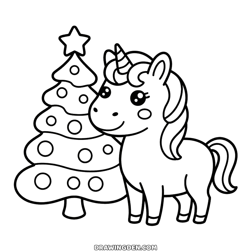Unicorn standing beside a decorated Christmas tree with a star on top, its horn and flowing mane showing
