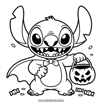Halloween Stitch drawing in a vampire cape and collar, holding a pumpkin candy pail in one paw