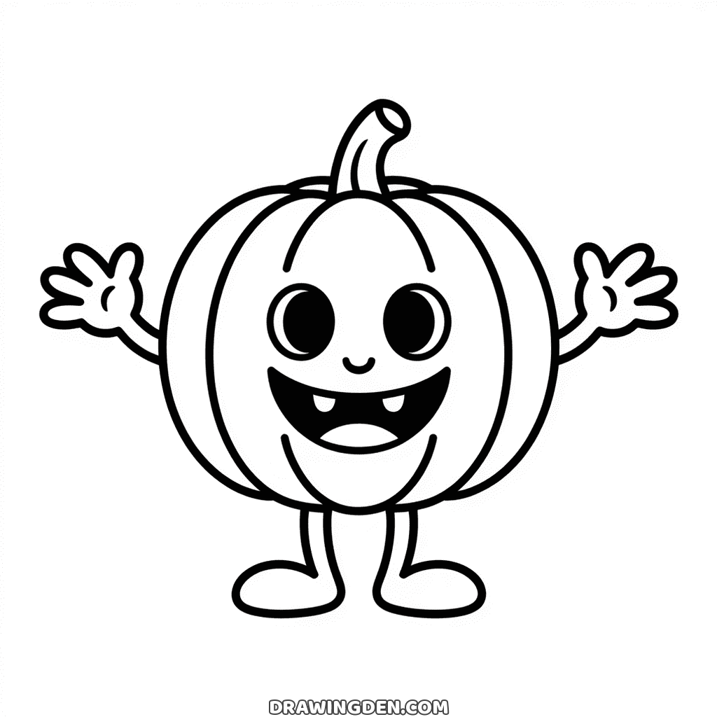 Walking Halloween pumpkin coloring page with thin arms and legs, one tooth and a stalk on top