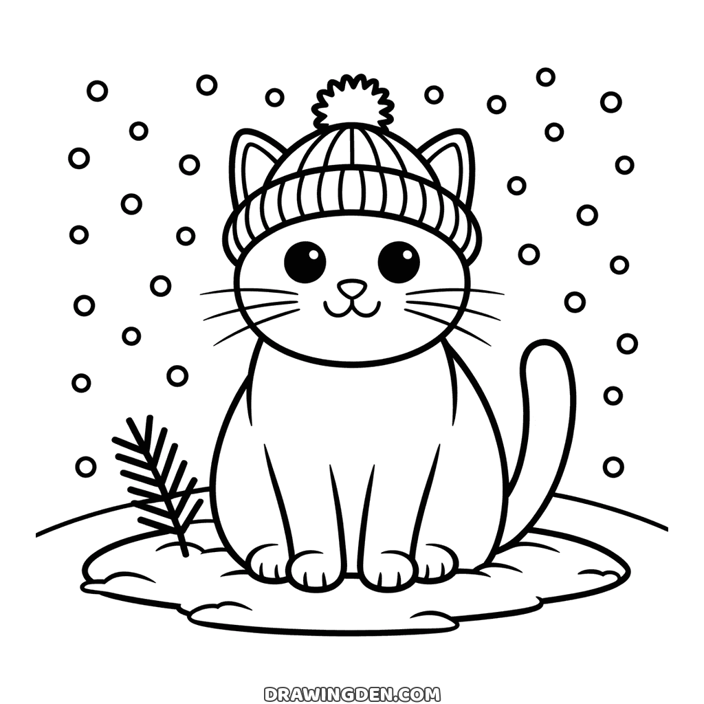 Cute winter cat sitting in the snow wearing a knitted bobble hat, snowflakes falling around