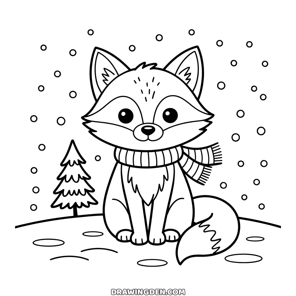 Winter fox sitting in the snow in a striped scarf, bushy tail curled at its side, a pine tree behind