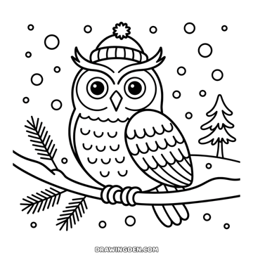 Winter owl wearing a knitted bobble hat, perched on a pine branch while snow falls around it