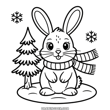 Winter rabbit sitting up in the snow in a striped scarf, a pine tree and snowflakes behind it