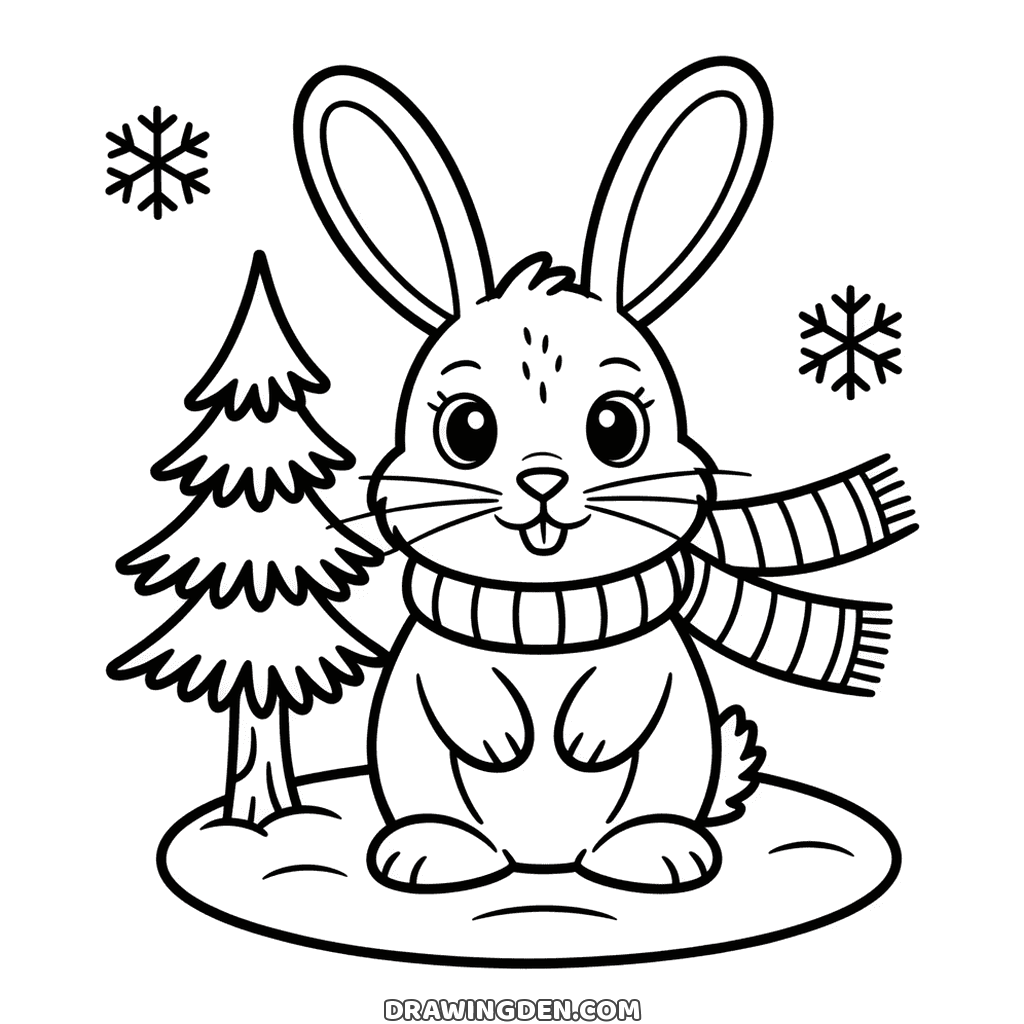 Winter rabbit sitting up in the snow in a striped scarf, a pine tree and snowflakes behind it