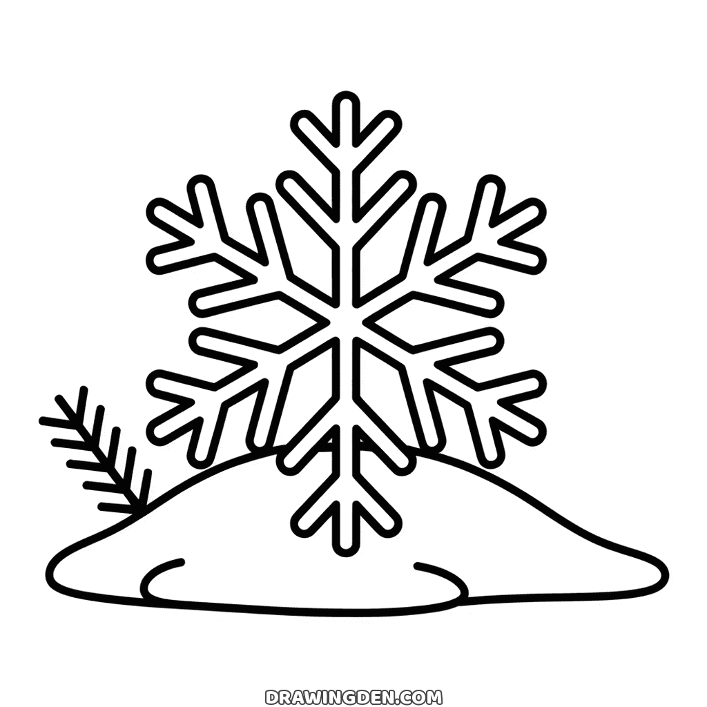 Large winter snowflake with six branched arms standing on a snowy mound, a pine sprig at one side