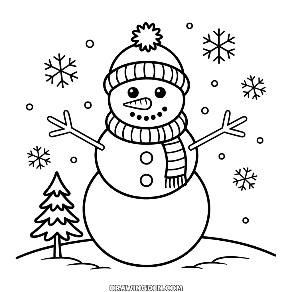 Winter snowman with a knitted hat, striped scarf, carrot nose, stick arms and buttons, snowflakes around