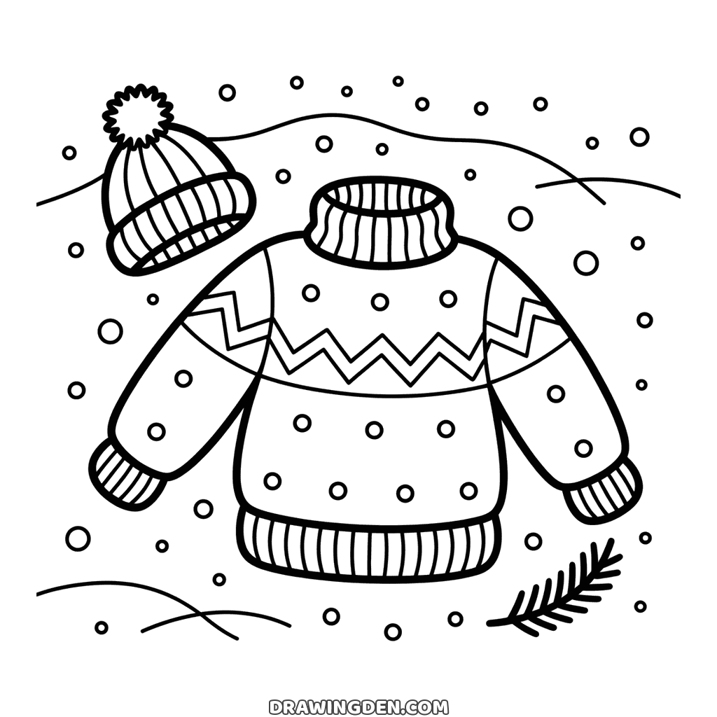 Knitted winter sweater with zigzag and dot patterns, a bobble hat beside it and snow falling