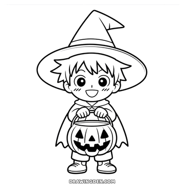 Halloween witch boy coloring page in a wide brimmed hat and cape, holding a carved pumpkin pail